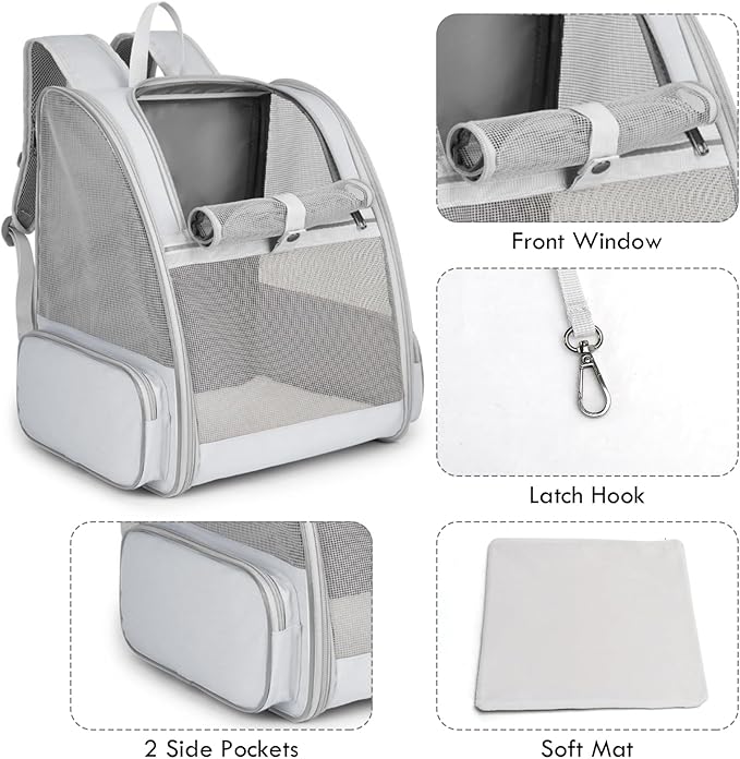 Cat Backpack Carrier, Large Pet Backpack with Kitten Wand Feather Toy for Medium Small Dog Cat Puppy Kitty Bunny up to 15lbs, Ventilated Mesh Dog Travel Carrier for Hiking Walking Outdoor Use (Grey)