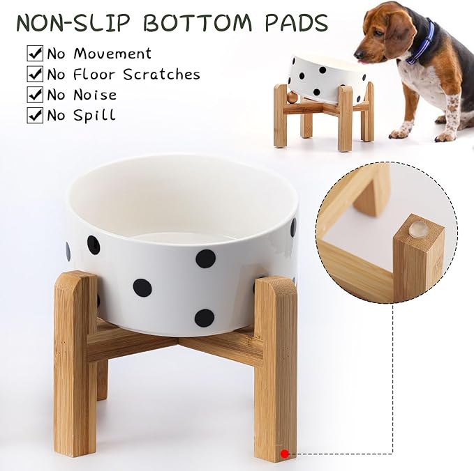 Petygooing Elevated/Raised 15°Slanted Ceramic Dog Bowl for Small and Medium Breeds, Tilted Anti Slip Pet Feeding Bowl,Food Water Dish with Stand for Cats and Dogs (28 OZ/3.6 Cups) Black Dot