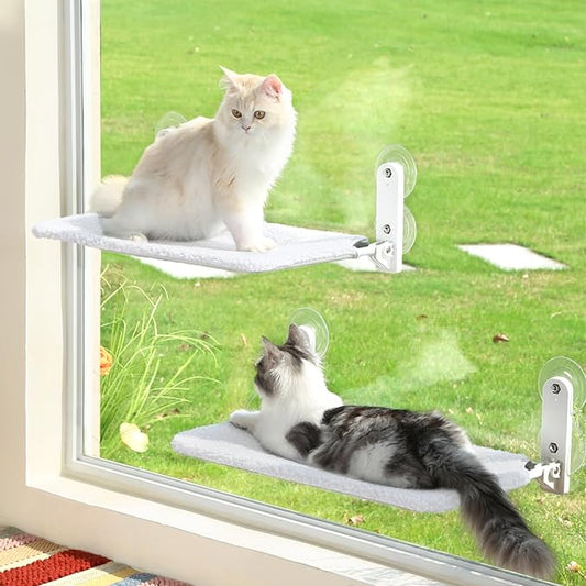 2PC Easy Fold Cat Window Perch - Cordless, Fold-Up, Zip Closure Embeded Machine Washable Bed Cover, Robust Metal Frame - Cat Hammock for Window for Large Cats and Kittens(White, Medium, 2PC)