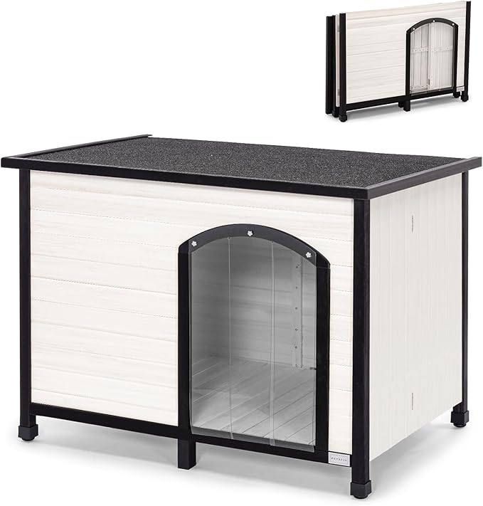 Petsfit 45.3" Large Dog House, Folding Dog House Outdoor, Unfold to Use, No Tools Required Assembly, Weatherproof Outside Dog House with Door Flap (Large, White)