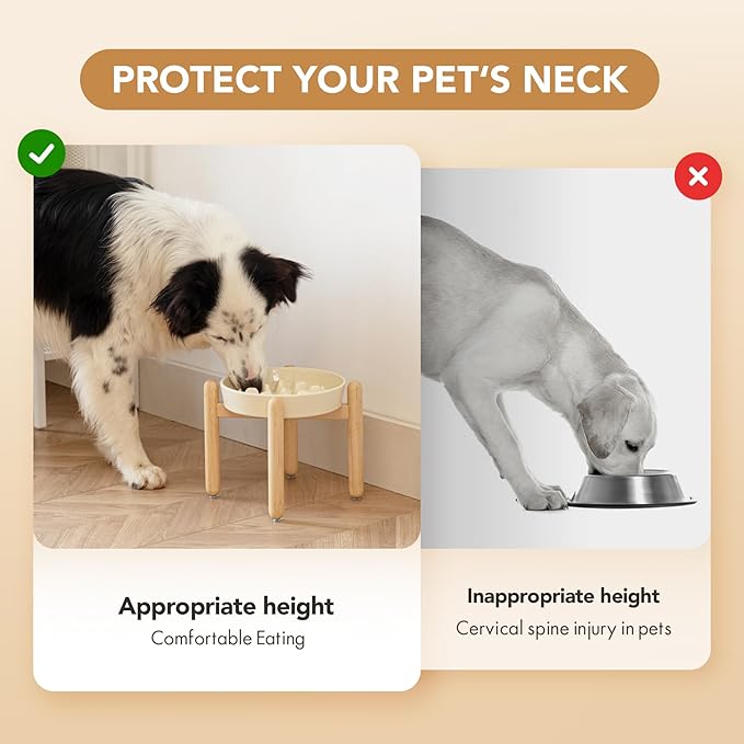 8.2inch Ceramic Dog Raised Slow Feeder Set, Elevated Bowl with Wooden Stand for Large and Medium Dog, Slow Feeder Dish for Fast Easters, Anti-Gulping(Beige, Single Bowl+ Stand)