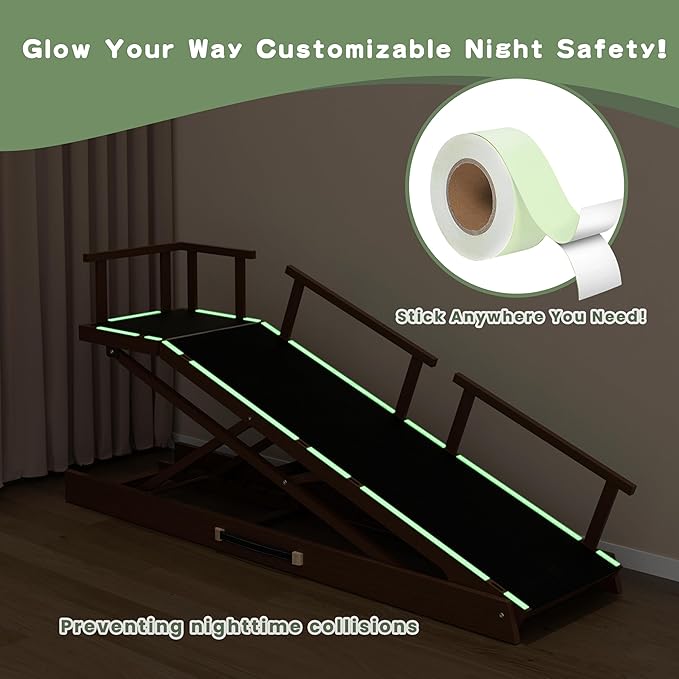 6 Level Height Adjustable Dog Ramp for Bed, Couch 65" Foldable Pet Ramp with Non-Slip Mat，DIY Glow Strips & Rest Platform Heavy Duty Dog Stairs for Large Dogs up to 200Lbs ，Brown