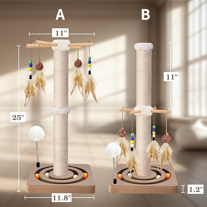 Cat Scratching Post, Sisal, Interactive Furniture Toys for Indoor Cats Adults, 2 Mounting Methods Scratcher Tree Tower with Hanging and Ball Track, Activity Center for Kitten, 25 inches