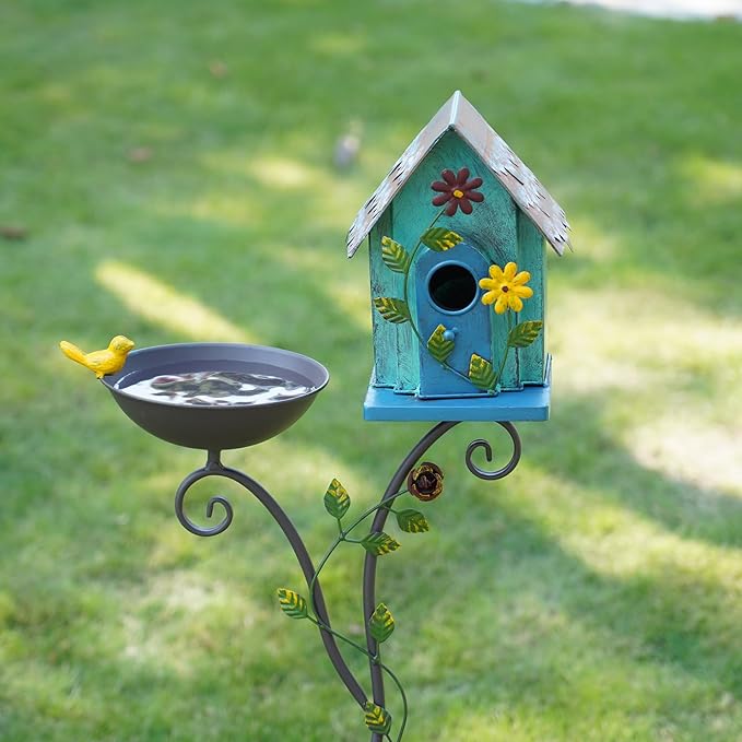 52" H Metal Bird Bath, Bird House for Outdoors, Birdbath Bowl and Birdhouses with Pole for Outside Garden Yard Decoration Bird Feeder Seed Tray