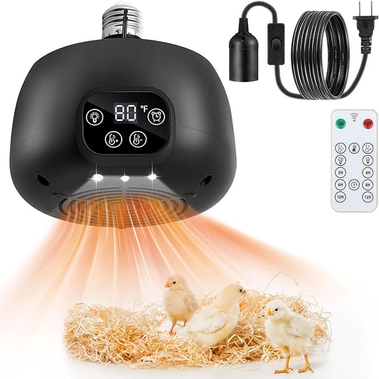 1 Pack Chicken Coop Heater with Remote, 200W Chicken Coop Warmer Temperature Control with Lights, Heat Lamps for Chickens with Digital Display and 5Ft Cable for Reptiles/Duck/Lizard