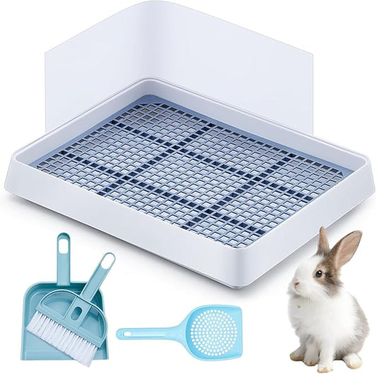 Uiifan Large Rabbit Bunny Litter Box Guinea Pig Litter Tray 15 x 12.1 x 2.55 Inch Small Animal Pet Toilet Potty Pan Rectangular Rabbit Bedding Tray Ferrets Cage (White and Blue)