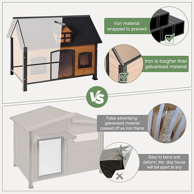 Outdoor Dog House Weatherproof Dog Kennel with Anti-Chewing Iron Frame Puppy Shelter for for Small to Large Sized Dogs