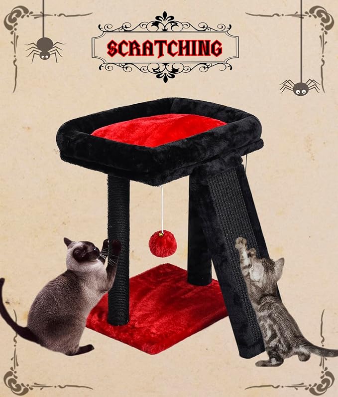 SYANDLVY Small Gothic Cat Tree for Indoor Cats, Scratching Board with Perch, Cat Scratching Post for Adults, Cat Post Scratcher, 2 Dangling Balls Great for Kittens
