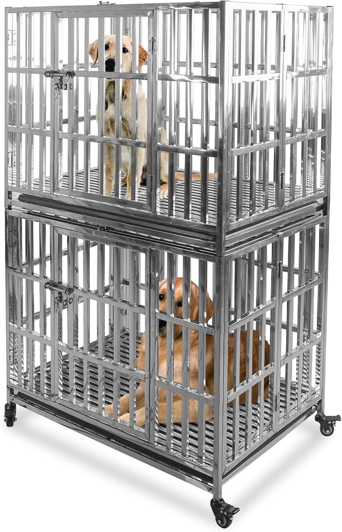 37 Inch Heavy Duty Dog Crates for Meduim Dogs, Stainless Steel Indestructible Small Dog Kennel Indoor, Puppy Dog Cage with Lockable Rolling Wheels, Double Door and Removable Tray (Stackable)