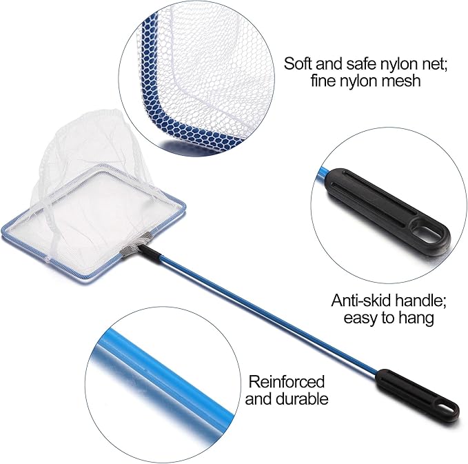 Mogoko Fish Net Aquarium, Small Fish Tank Net with Long Plastic Handle, Square net with Fine Mesh for Tank Cleaning