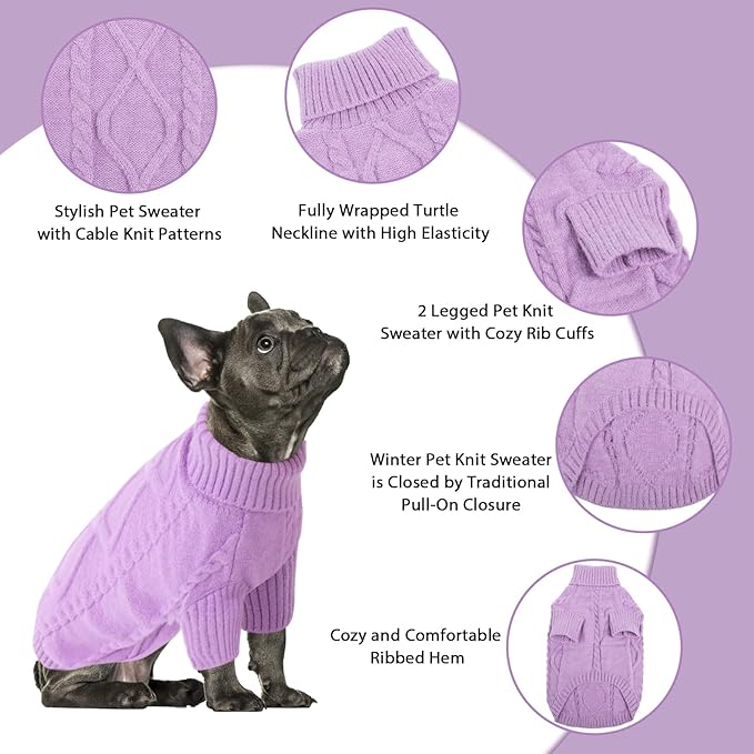 Queenmore Small Dog Pullover Sweater, Cold Weather Cable Knitwear, Classic Turtleneck Thick Warm Clothes for Chihuahua, Bulldog, Dachshund, Pug (Lilac, Small)