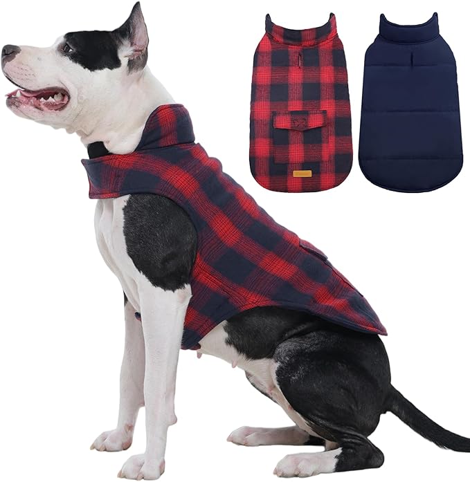 Kuoser Reversible Dog Jacket, Warm Winter Coat for Medium & Large Dogs, Warm Windproof Pet Cold Weather Clothes, Red XL