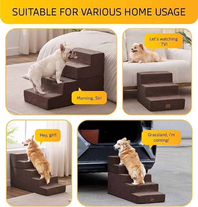 Dog Stairs for Bed, Dog Steps for Bed Couch Sofa, 35D Foam Pet Steps for Small Dogs and Cats, Extra Wide Pet Stairs with Non-Slip Bottom Brown, 3 Steps