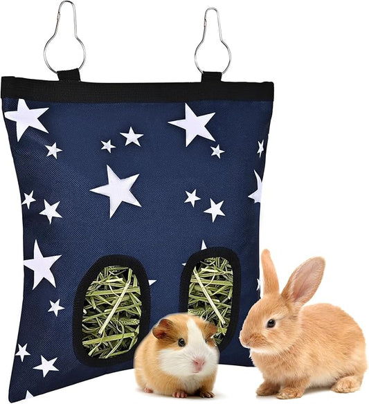 Upgraded Rabbits Hay Feeder Bag for Bunny, Guinea Pigs, Chinchillas - Hanging Washable 2-Hole Hay Dispenser with 600D Oxford Fabric, Small Animal Cage Accessories (Blue Star)