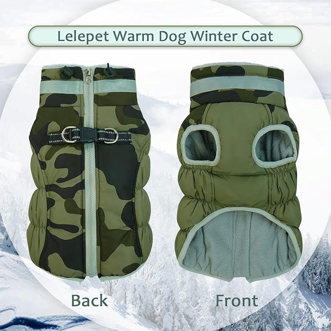 Lelepet Dog Coat Warm Dog Winter Coat Waterproof Dogs Jacket with Harness Built in Reflective Pet Fleece Vest Zip-Up Cold Weather Coats for Large Dogs Turtleneck & Windproof Coats Boxer Green Camo XL