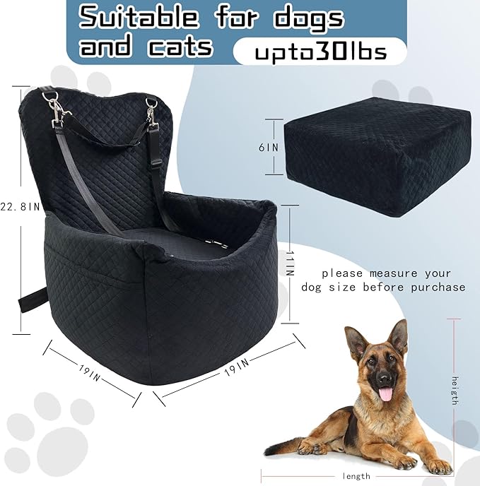 Small Car Seat & Dog Bed - Memory Foam Sponge Cushion - Up To 35 lbs - Washable & Storage Pockets