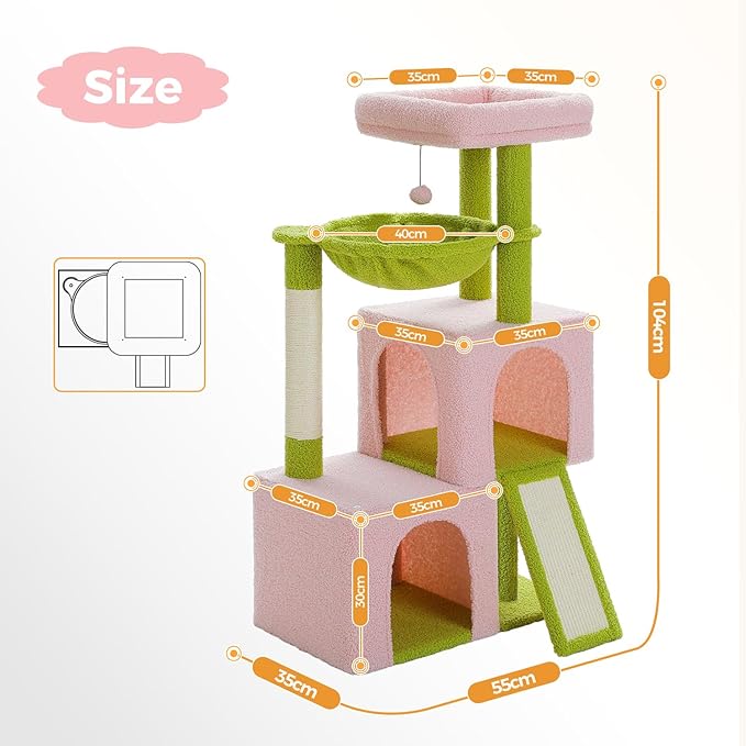PAWZ Road Large Cat Tree, 41 Inches Multi-Level Cat Tower with 2 Spacious Condos for Large Indoor Cats, Pink Flower Cat House with Comfy Hammock, Padded Perch, Scratching Pad and Replaceable Balls