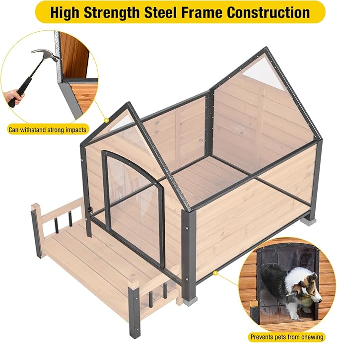 Dog House Outdoor,Dog Kennel Outside for Large Breed,Weatherproof Large Dog Shelter with Anti-Chewing Iron Frame (Brown-N, 45" D x 32.9" W x 32.6" H)