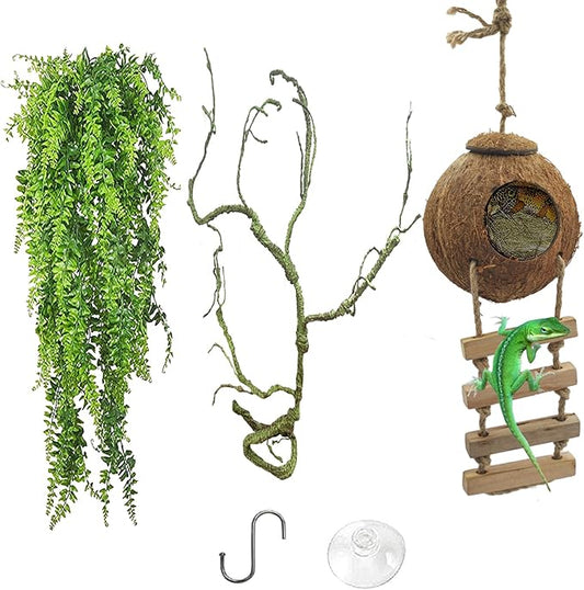 Crested Gecko Coconut Hide with Ladder,Reptile Natural Coco Shell Ladders Geckos Hideout Hut Lizards Hermit Habitat Leopard Gecko Terrarium Plant Accessories for Chameleon Snakes
