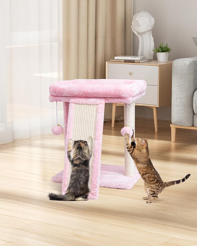 SYANDLVY Small Cat Tree with Scratching Board, Cat Scratching Post for Adults, Cat Scratcher for Indoor Cats, 2 Dangling Balls Great for Kittens