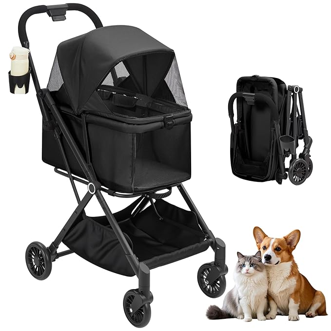 4-Wheel Lightweight Dog Stroller - Foldable Pet Stroller for Cats & Small to Medium Dogs Up to 50 Lbs, with 360° Swivel Wheels, Foot Brake, Weather & Escape Proof Design