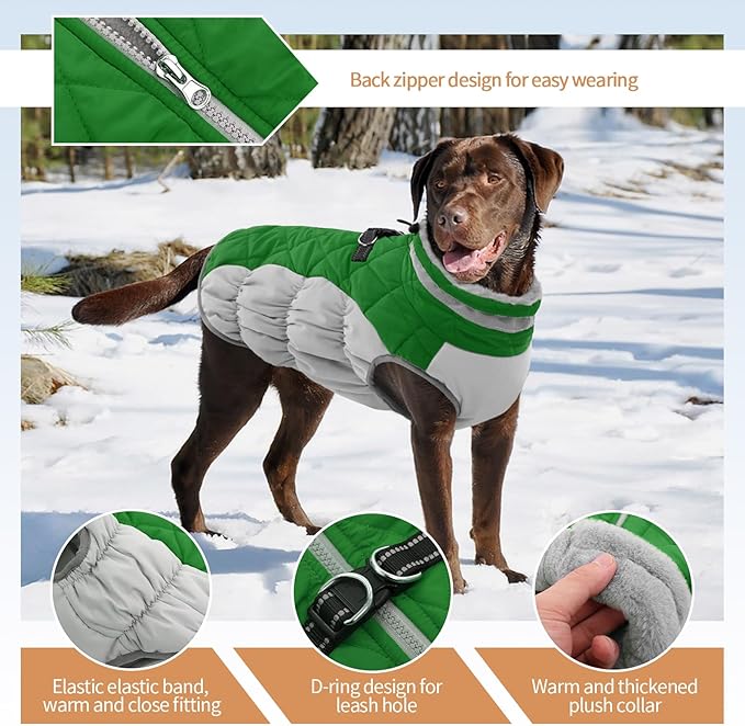 Winter Dog Coat,Large Dog Jacket,Waterproof Pet Jacket with Back Zipper,Pet Coat with Harness Built in,Warm Dogs Coat with Fleece Lined, Snow Jacket Clothes French Bulldog Shiba Inu,Green,L