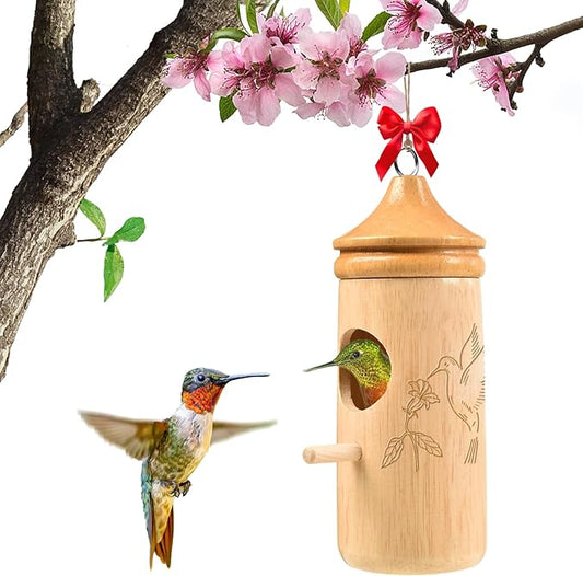 Hummingbird House, Solid Wood Hummingbird Houses for Outside-Exquisitely Handcrafted Birdhouse with Ribbon and String Hanging Kit, Durable Garden Decor, Perfect Gardening Gift(Style-G, 1 Pack)