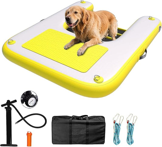 ALIFUN Inflatable Dog Water Ramp Safety Floating Dock Dog Pool Raft for Pool Lake Boat Non-Slip Floating Ladder for Pets Up to 220 LBs Yellow 120CM Length