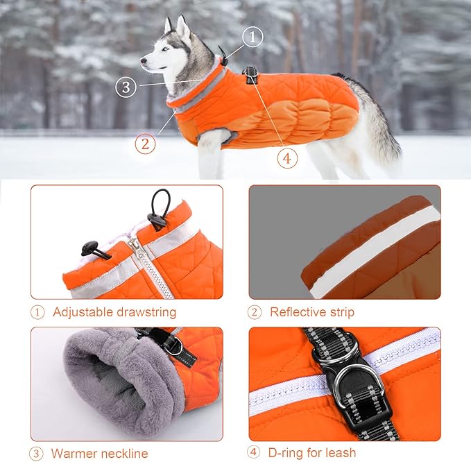 Lelepet Dog Coat Warm Dog Winter Coat Waterproof Dogs Jacket with Harness Built in Reflective Pet Fleece Vest Zip-Up Cold Weather Coats for Small Medium Large Dogs Turtleneck Windproof Blaze Orange L