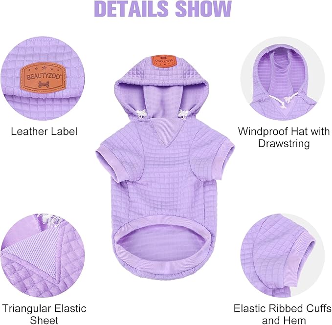 BEAUTYZOO Small Dog Hoodie Sweater with Pockets, Dog Clothes for Small Medium Dogs Boy Girl, Waffle-Like Laminated Cotton Pet Coats with Hat and Leash Hole, Purple S
