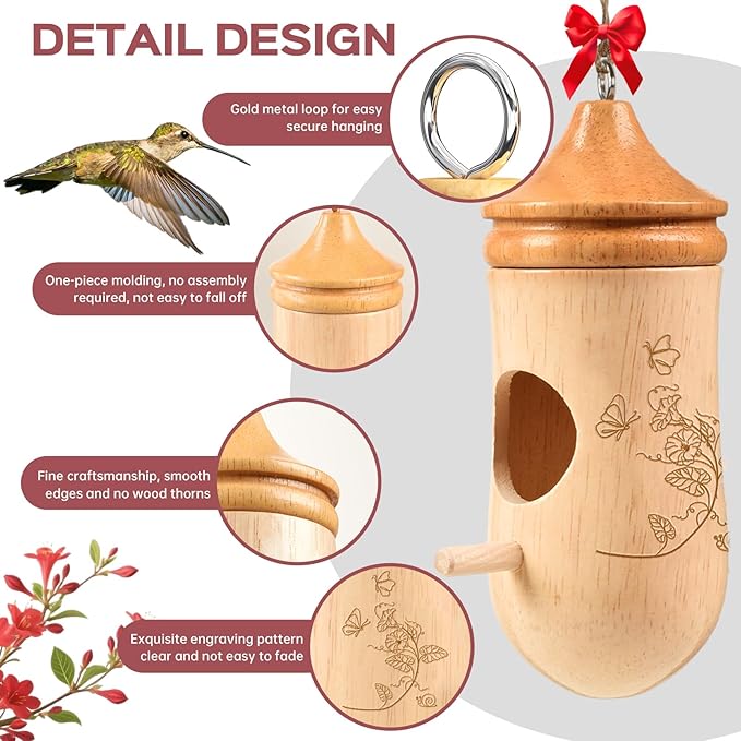 Hummingbird House, Solid Wood Hummingbird Houses for Outside-Exquisitely Handcrafted Birdhouse with Bow and Jute String Hanging Kit, Durable Garden Decor, Perfect Gardening Gift (Style-A, 1 Pack)