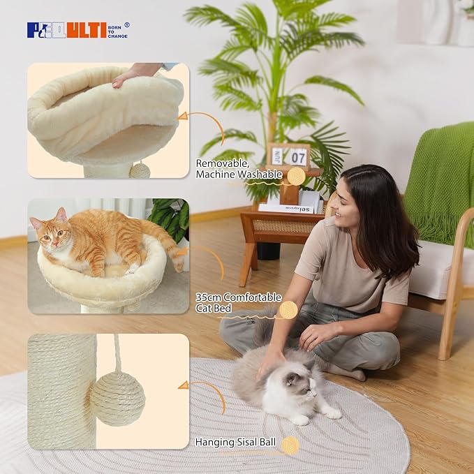PEQULTI Cat Scratching Post, Tall Cat Scratcher for Indoor Cats with Super Thick Scratching Post [Dia=5.5''], Removable Fluffy Cat Bed, Scratch Post with Spring Ball, Beige