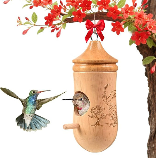 Hummingbird House, Solid Wood Hummingbird Houses for Outside-Exquisitely Handcrafted Birdhouse with Ribbon and String Hanging Kit, Durable Garden Decor, Perfect Gardening Gift(Style-E, 1 Pack)