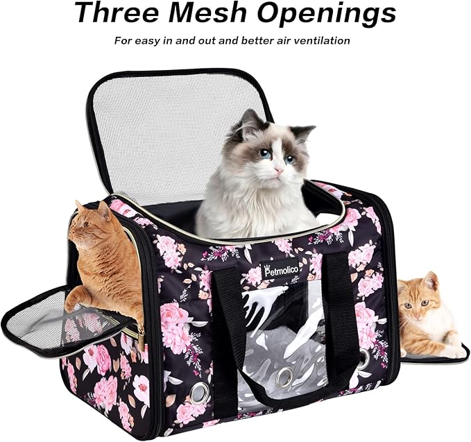 Petmolico Cat Carrier Soft-Sided Pet Bag for Small Medium Cats Puppies 16LBs - Airline Approved Pet Travel Carrier 3 Open Doors (Medium,Pink Peony)