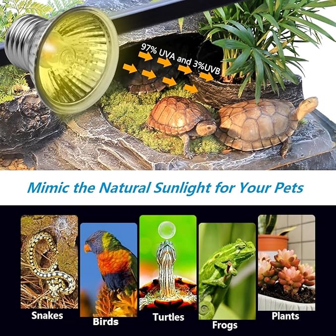 DOMICA Dimmable Reptile Heat Lamp with Timer + 50W UVA UVB Light Bulb, Basking Spot Light Simulated Sunlight, Heating Lamp for Turtle, Lizard, Snake, Beared Dragon, Amphibians