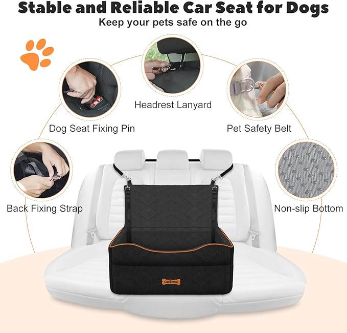 Medium Dog Car Seat, Dog Booster Seat Under 50Lbs or 2 Small Dogs Washable, Pet Car Seats with 2 Safety Leash, Dogs Sofa Bed Cushion Add Thick Sponge, Pet Cars Carrier for Travel, Black