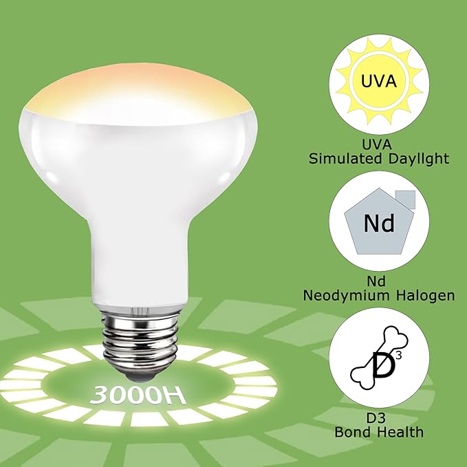 60W E26 Reptile Heat Lamp Bulbs, Upgraded UVA Basking Spot Light for Bearded Dragon, Lizard, Tortoise, Chicks & Amphibians - Simulated Natural Sunlight, Daylight Bulb fot Terrarium | 2 Pack