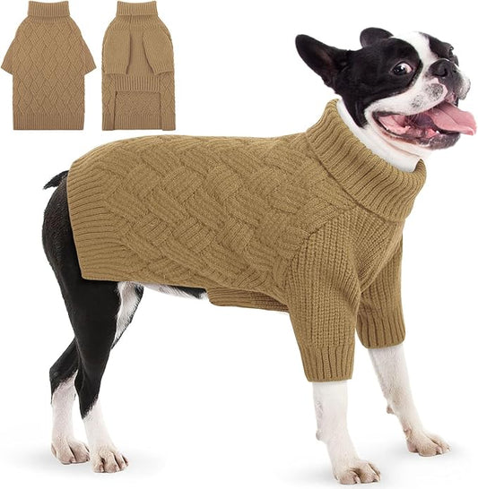 AOFITEE Dog Sweater, Dog Sweaters for Medium Dogs Girl, Warm Halloween Dogs Sweater, Winter Medium Pet Sweaters Female Male, Classic Turtleneck Knitwear for French Bulldog, Boston Terrier (Brown M)