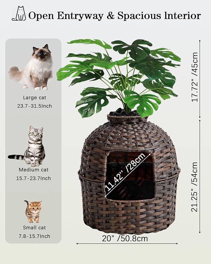 Cat Litter Box Plant Furniture Enclosure, Hidden Handwoven Rattan with Cat Litter Box and Artificial Plants, Odor Control Filter, Real Stones in Living Room, Bedroom, Corner (Brown)