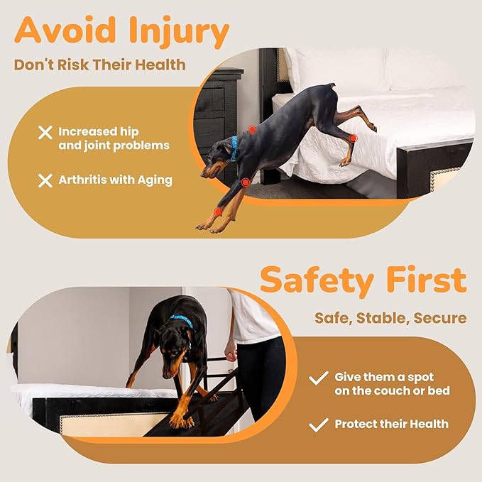 Dog Ramp for Bed, 5 Level Adjustable Dog Ramp for High Beds, Upgrade Rubber Mat High Traction Ramp with Safety Rails, Folding Pet Ramp for Bed, Couch,SUV, Natural Wood Pet Ramp for Small & Old Dogs