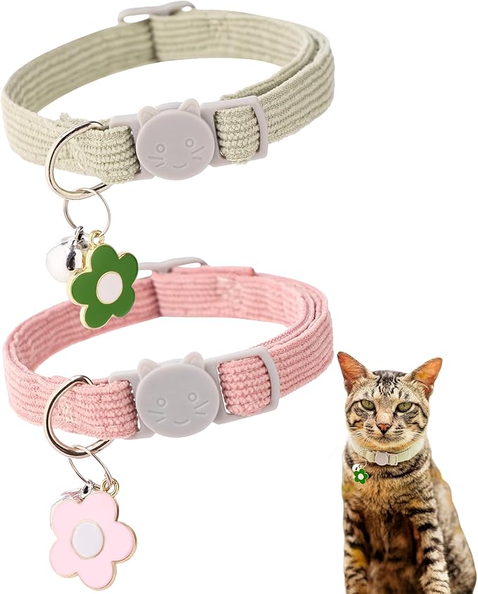 2 Pack Cat Collar with Bells, Corduroy Adjustable Kitten Collars with Breakaway Safety Buckle for Boy Girl Cats-Green Pink