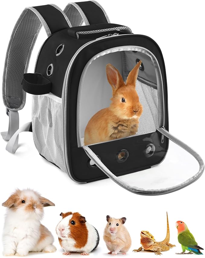 Guinea Pig Carrier Backpack, Portable Rabbit Travel Carring Bag for Pet Bunny Chinchilla Bearded Dragon Hamster Parrot Outgoing Pouch Case with Water Bottle Holder & Detachable Pad (Black)