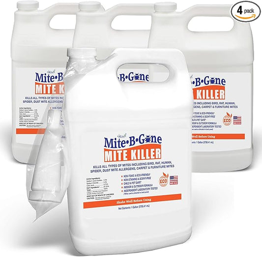 Mite Killer Treatment Spray Pack by Mite-B-Gone — Kills All Types of Mites, Dust, Spider, Rat, Carpet & Bird Mites | Safe for Homes, Furniture & Animals | Non-Toxic | Kid & Pet Friendly | 1 Gal 4-Pack