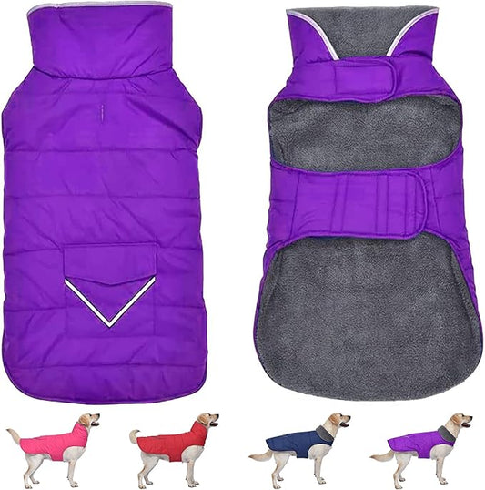 Dog Coat, Waterproof Dog Winter Jacket with Pocket, Reflective Adjustable Pet Snow Vest, Warm Cozy Fleece Sweater for Small Medium Extra Large Dogs - Purple, L