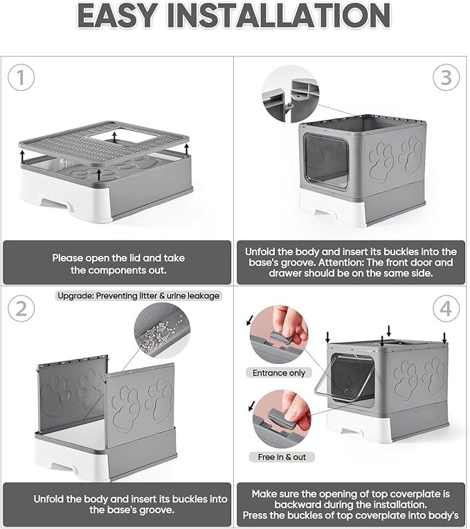 Cat Litter Box with X-Large Litter Mat and Scoop, Large Foldable Litter Box with Lid, Enclosed Kitty Box,Front Top Entry Exit, Odor Control Easy to Clean (Upgrade Dark Grey)