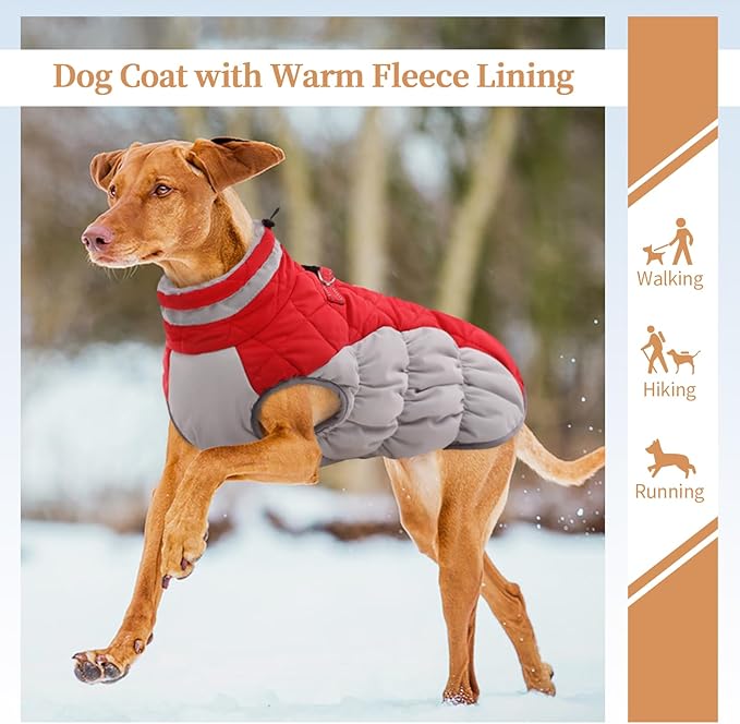 Winter Dog Coat,Large Dog Jacket,Waterproof Pet Jacket with Back Zipper,Pet Coat with Harness Built in,Warm Dogs Coat with Fleece Lined, Snow Jacket Clothes French Bulldog Shiba Inu,Red,L