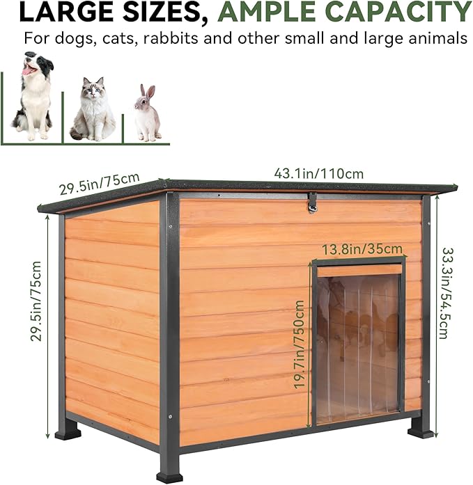 Dog House Outdoor with Prevent Chewing Iron Frame, Cat Houses Removable Floor and Open Roof for Dogs,Cats,Rabbits Animals