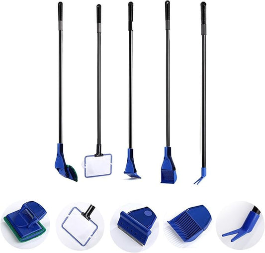 5 in 1 Aquarium/Fish Tank Cleaning Kit/Tool, Algae Scraper, Fish Net, Sponge, Plant Fork, Gravel Rake, Length 19 inches (Non-Extendable)