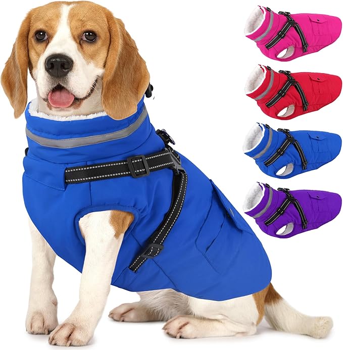 Dogcheer Dog Coat with Harness, Waterproof Dog Jacket Christmas Puppy Winter Coat with Pockets, Reflective Doggy Winter Jacket Soft Pet Fleece Snow Jacket for Small Medium Large Dogs - Blue, 3XL