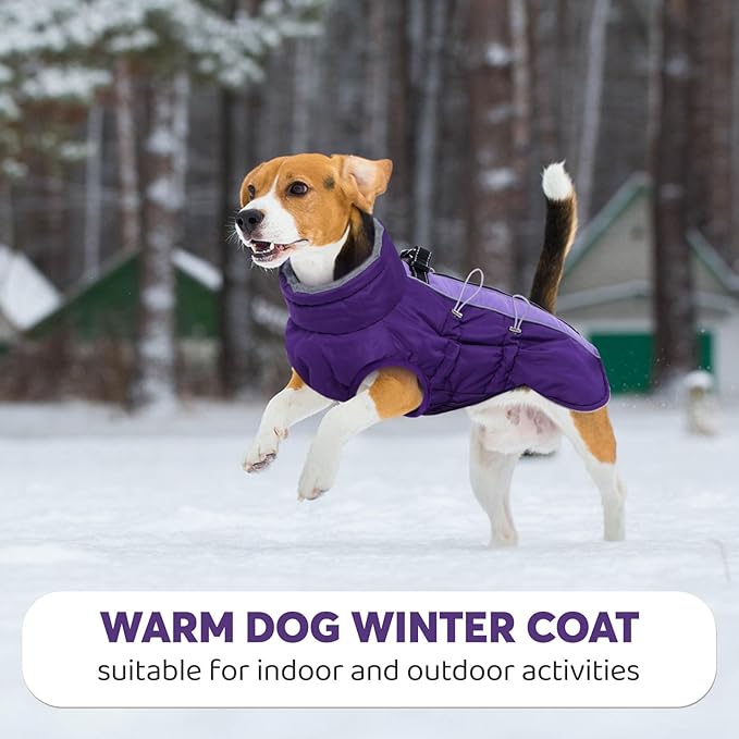 IDOMIK Warm Dog Coat with Harness Built-in, Thick Fleece Dog Winter Jacket with High Collar&Zipper, Waterproof Reflective Dogs Cold Weather Coats for Large Dogs, Pet Snow Jacket Vest(Purple,2XL)